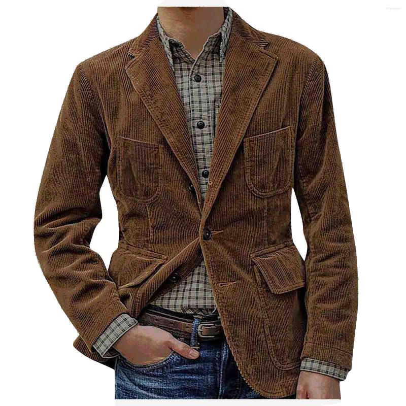 

Men's Suits Mens Winter Corduroy Vintage Jacket Solid Casual Turn-down Collar Blazer Coats For Men Autumn Fashion Pocket Slim Suit Outerwear, Brown