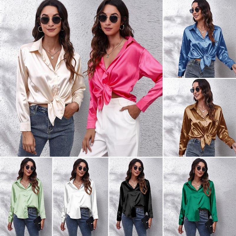 

Women' T Shirts Spring Summer Solid Color Turn Down Collar Style Silk Satin Shirt Long Sleeve Women' Tops, Black
