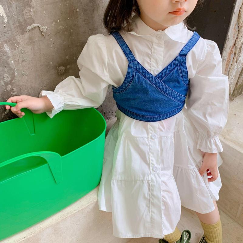 

Clothing Sets Spring Autumn 2Pcs Girls Clothes Set Baby Long Blouse Denim Camis Kids Suits Children Streetwear Strap Dress, White