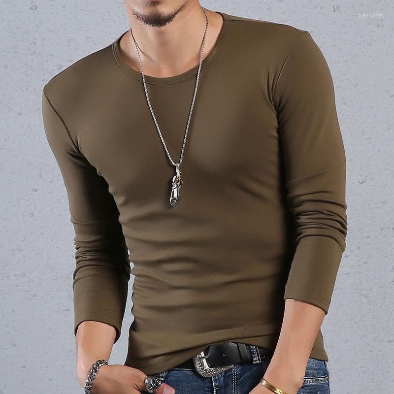 

Men's T Shirts 2022 Autumn Winter Pure Cotton Long Sleeve O Neck Shirt Men Solid Color Casual T-shirt Male Slim Fit Tight F298, White