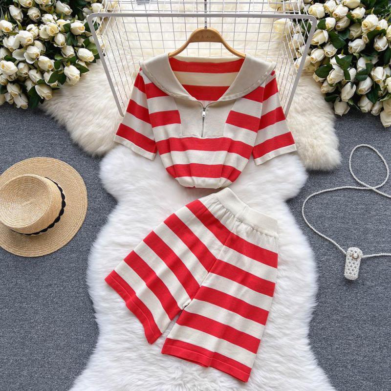 

Women's Tracksuits Fashion Ladies Casual Sports Stripe Suit Women Summer 2022 Knit Two Piece Set Short Sleeve Loose Top High Waist Shorts