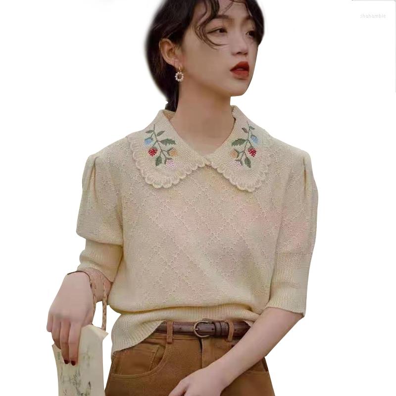 

Women's Polos Summer Women Knitted Short T Shirt Fashion Doll Collar Sleeve Tees Casual Chic Ladies Crop Tops Sweet Tshirt Drop, White