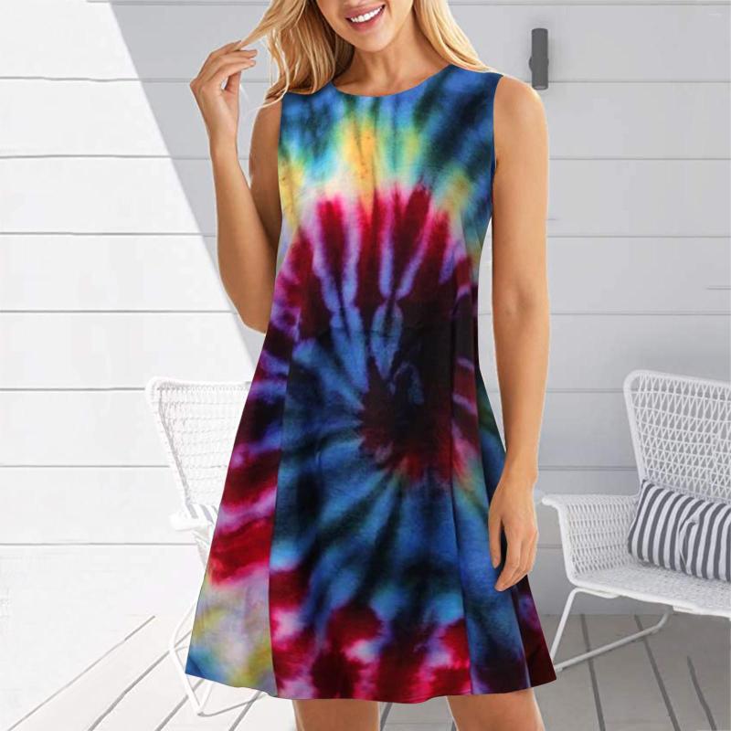 

Ethnic Clothing 25# Women's Tie-dye Printed Dress Round Neck Sleeveless Loose Tank Mini Casual Beach Style Boho Vestidos Mujer