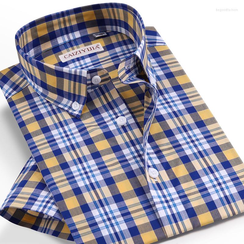 

Men's Casual Shirts Men's Summer Plaid Checkered Button-down Pocket-less Design Short Sleeve Standard-fit Stylish Gingham Cotton Shirt, Cld220522