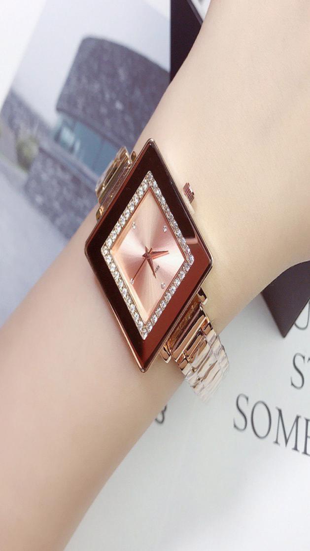 

Fashion Brand Watches Women Lady Girl Square Crystal Style Dial Metal Steel Band Quartz Wrist Watch CH716307840, Gold pink