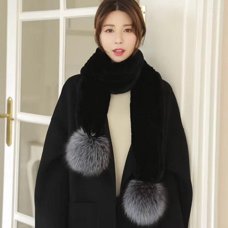 

Scarves 2022 FXFURS Fashion Style Genuine Rex Fur Scarf 160x12CM Silver Pompoms Big Balls Black Wrap Muffler