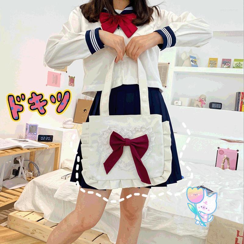 

Evening Bags Japanese Harajuku JK Bag Women Kawaii Bow Print Lace Love Heart Shoulder Canvas For Handbags Girls, White