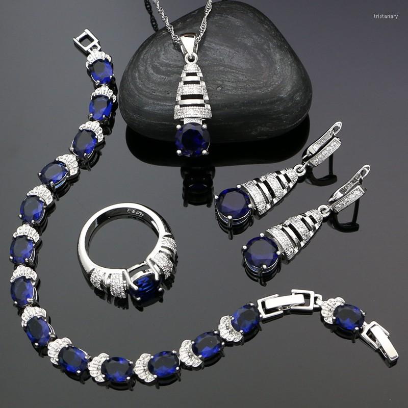 

Necklace Earrings Set 925 Sterling Silver Blue Cubic Zirconia Earrings/Pendant/Necklace/Ring/Bracelet For Women Party Accessories, Picture shown