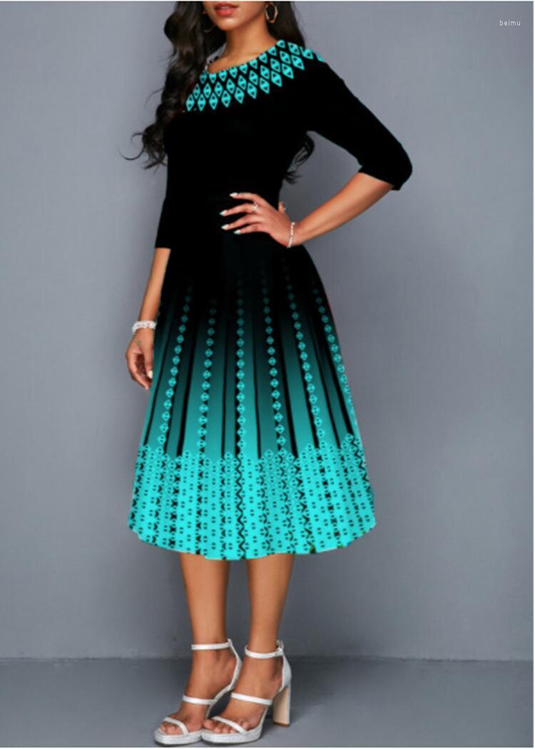 

Casual Dresses Autumn Dress Fashion Round Neck Print Half Sleeve Home Long Street Temperament Commuter Elegant Women, Gold