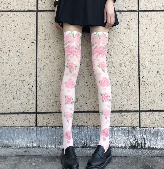 

Women Socks Hew Lolita Print Silk Stockings Pink Rose Over Knee Long Sock