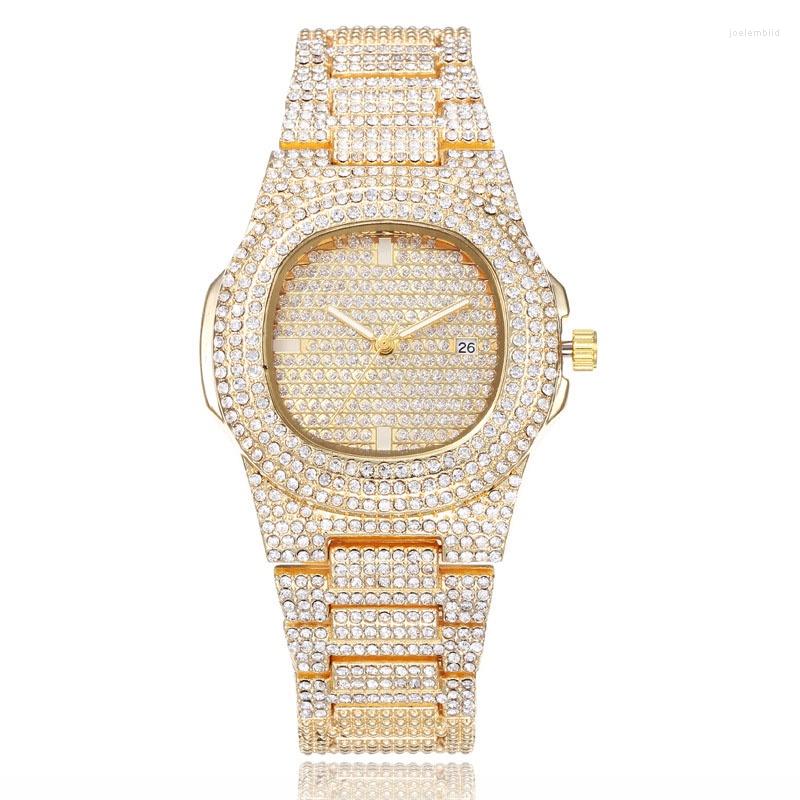 

Wristwatches Hip Hop Men's Quartz Watch Diamond Bracelet Women Stainless Steel Luxuriy Calendar Relojes Para Mujer, Gold