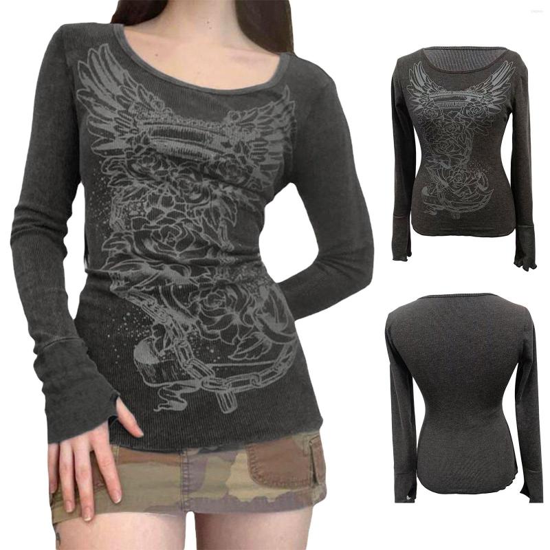 

Women' Blouses Women T-shirt Vintage Long Sleeve Crew Neck Flower Print Slim Fit Ladies Spring Autumn Tops For Casual Daily, Dark grey