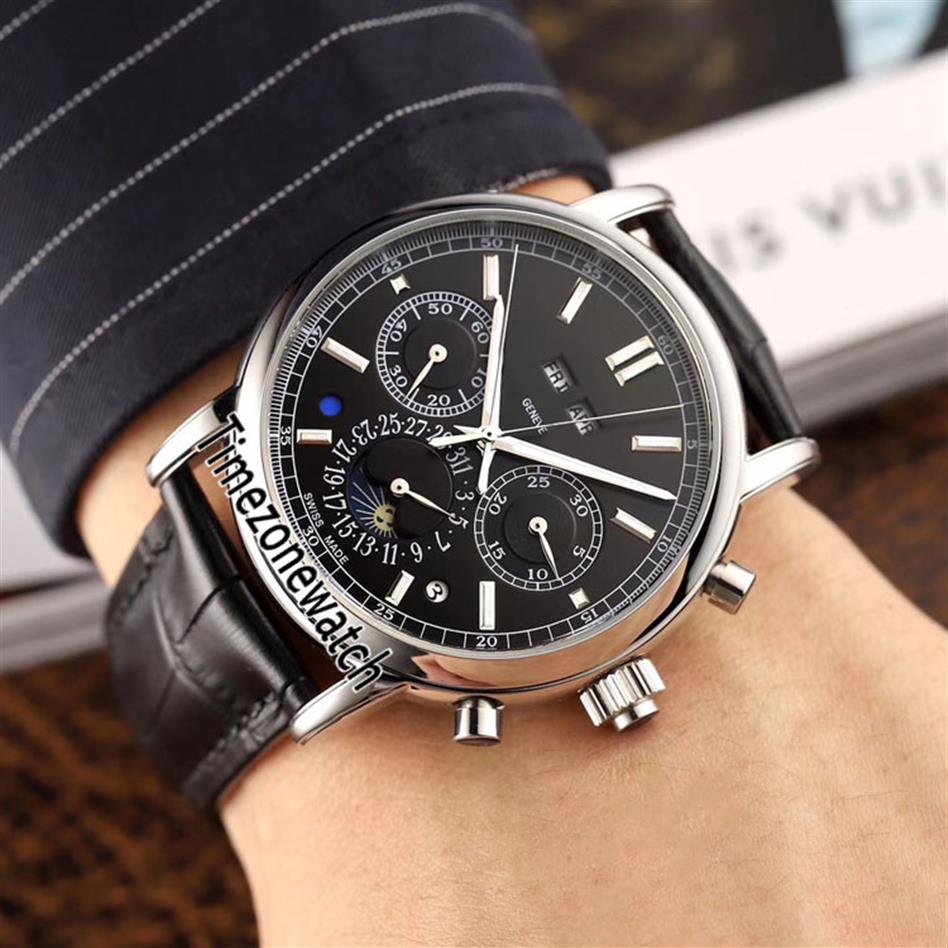 

New 5204P-011 Automatic Mens Watch Moon Phase Super Complicated Steel Case Black Dial Perpetual Calendar Watches Leather Timezonew236j, Customized waterproof service