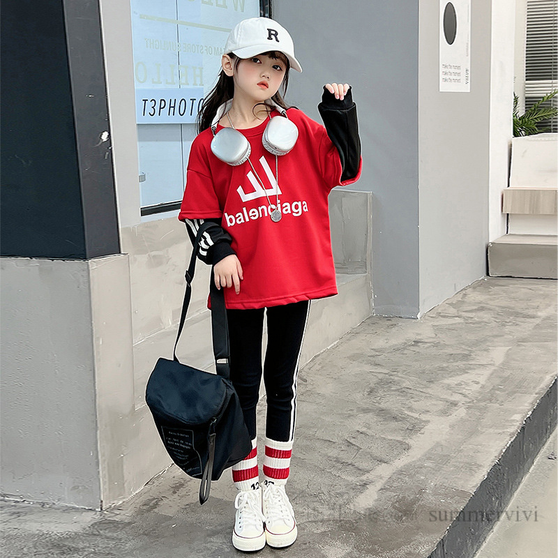 

2023 Big girls sports clothes sets kids letter pritned stripe long sleeve fake 2pcs T-shirt with pants 2pcs spring children casual outfits 4-15T A9506, Black