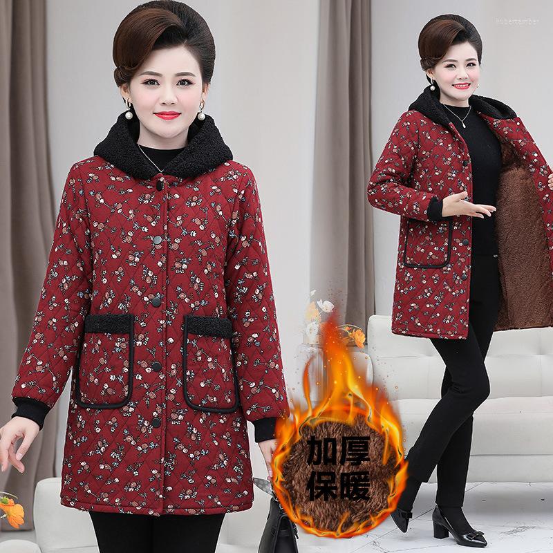 

Women's Down Mom Winter Thick Cotton Coat Hooded Floral Ethnic Style Middle-aged And Elderly Fashion Mid-length, Bean green