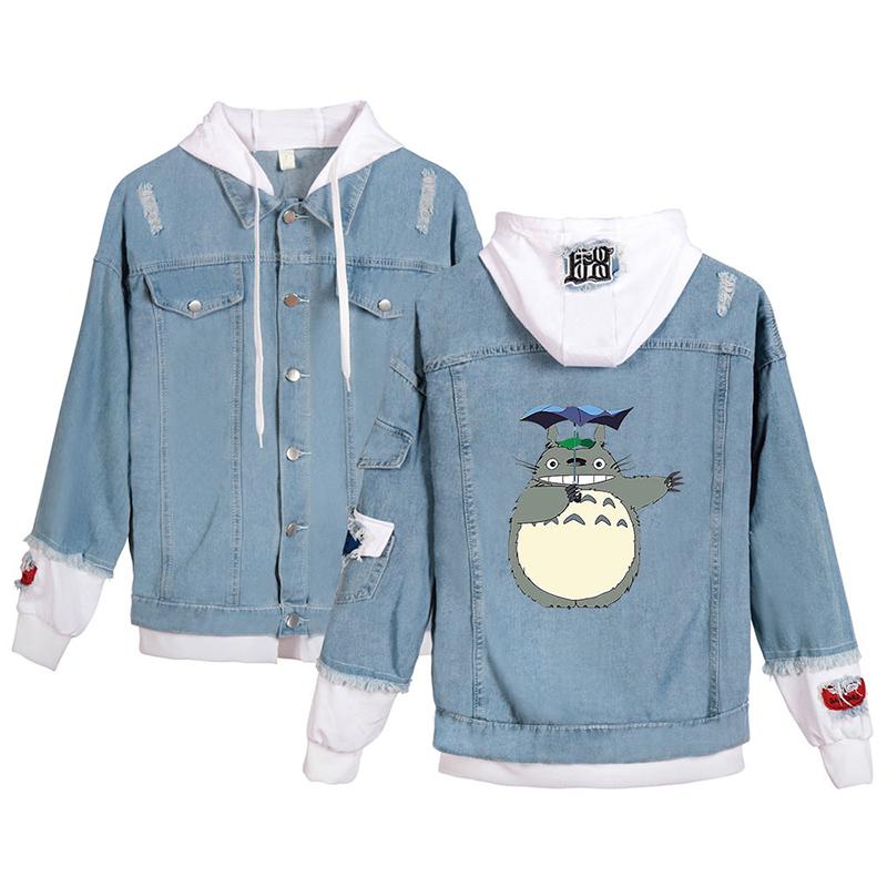 

Men's Jackets Kawaii Totoro Cartoon Denim Jacket Sweatshirts Fashion Men Women Long Sleeve Fake Two Pieces Jean-Jackets Boys Girls Cool Hood