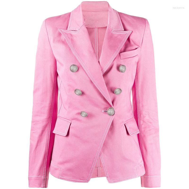 

Women' Suits High Quality Est Nice Designer Blazer Women' Double Breasted Lion Buttons Top Stitching Contrast Pink Denim Jacket
