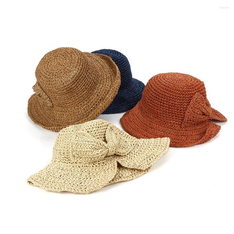 

Hats Summer Kids Girls Hand-woven Straw Big Bow Color Matching Headdress Foldable Sun Hat Fashion, Black