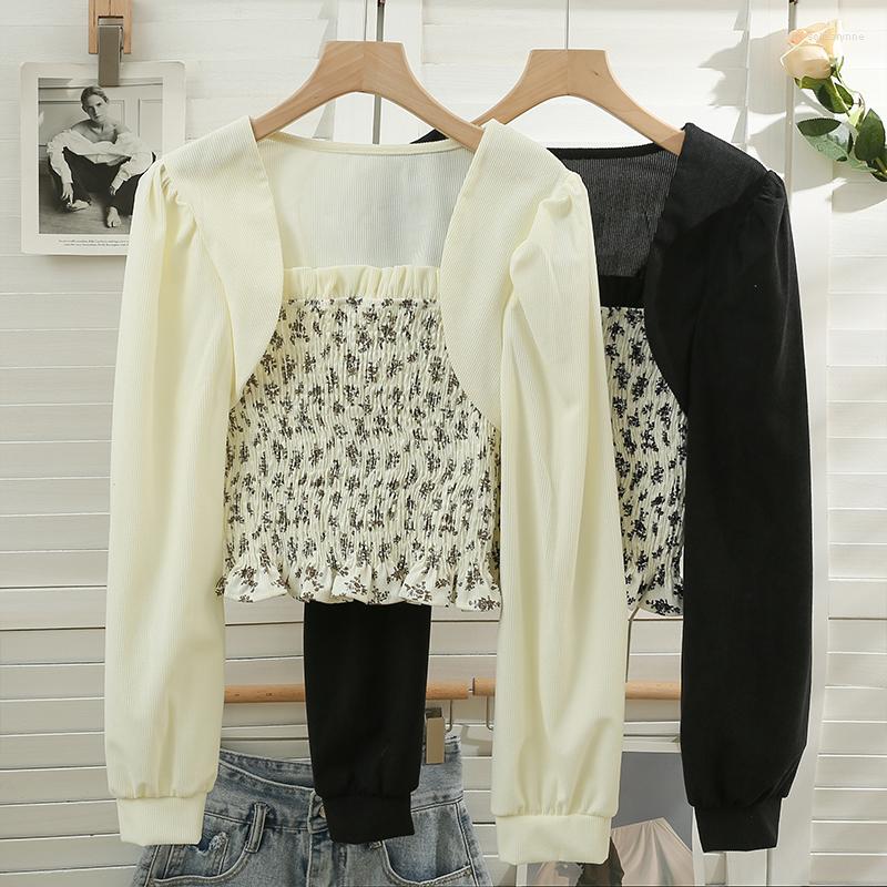 

Women's Blouses Hikigawa Chic Fashion Women Tops Contrast Color Patchwork Ruffled Pleated Print Shirts Early Autumn Thin Fake 2 Pcs Top, Black