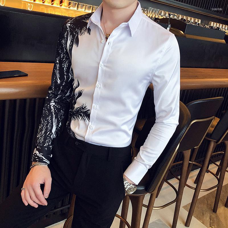 

Men's Casual Shirts Chemises Hommes Black White Color Stitching Print Men Long Sleeve Slim Fit Prom Tuxedo Dress Clothing