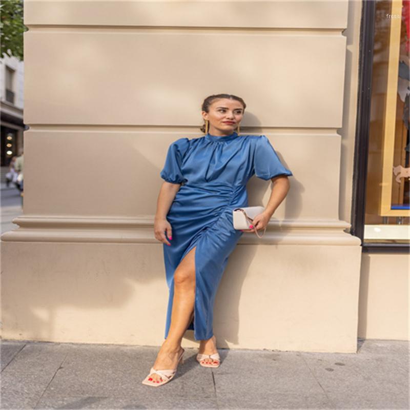 

Casual Dresses Street Retro Commuter Dress Summer Ladies Bubble Sleeve Round Neck Narrow Waist Pleated, Black