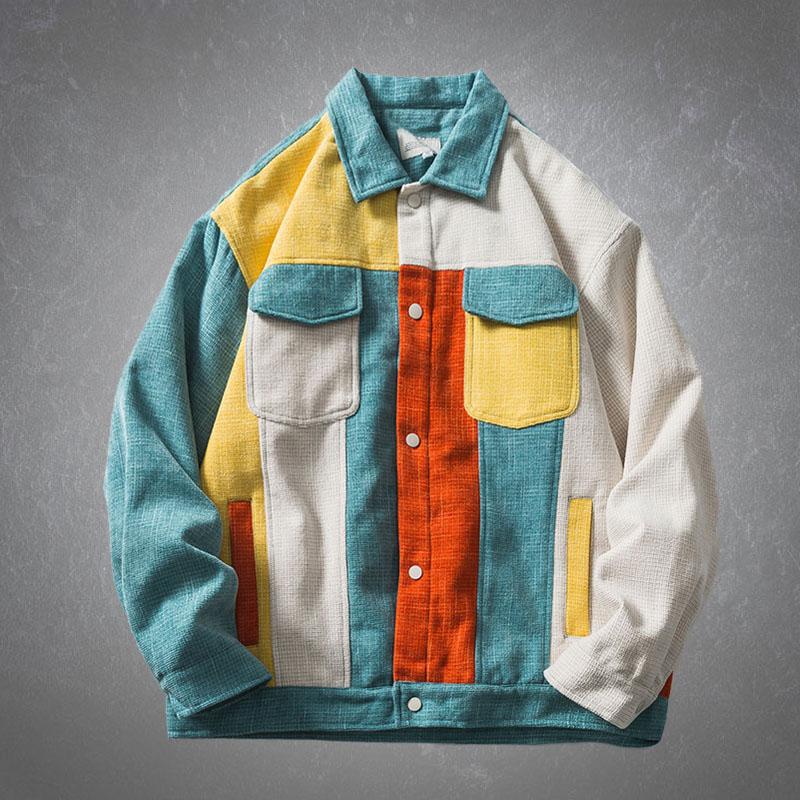 

Men's Jackets Vintage Color Block Patchwork Pockets Baggy Coats Harajuku Japan College Style Autumn Streetwear Couples, Multicolor