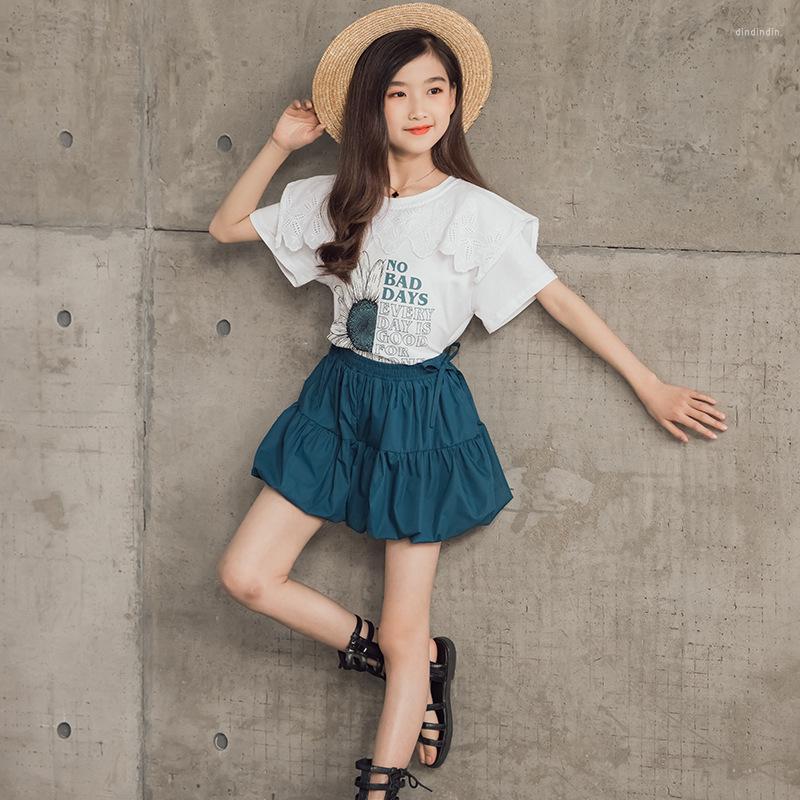 

Clothing Sets Summer Teenage Girls Clothes Suit Kids Ruffle Tops Tees Shorts Children 2 Pcs Set 6 8 10 12 14 Years Girl