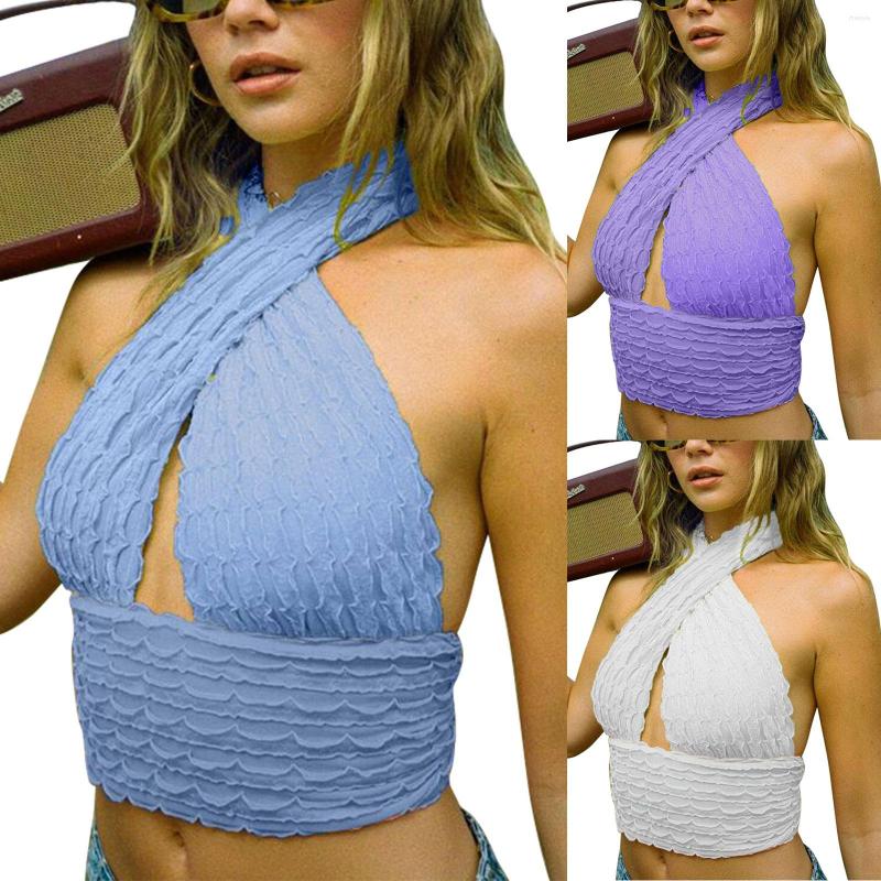 

Women' Tanks Sexy Female Camisole Solid Color Sleeveless Halterneck Crop Tops Backless Vest For Summer White/Blue/Purple /M/L