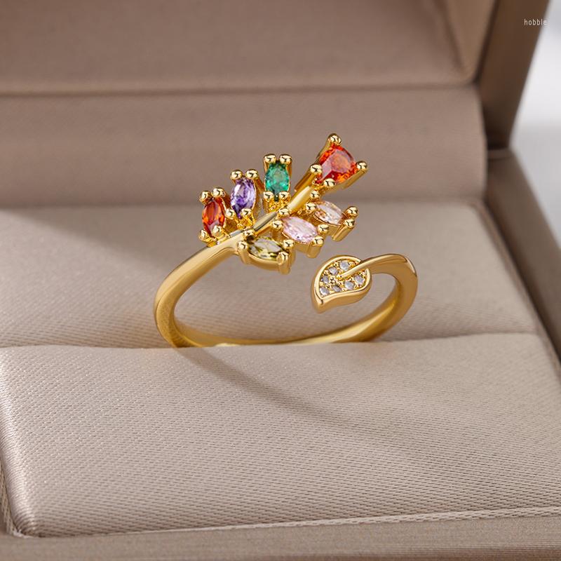 

Cluster Rings Zircon Colorful Leaves For Women Stainless Steel Adjustable Tree Branch Ring Wedding Engagement Jewelry Gift
