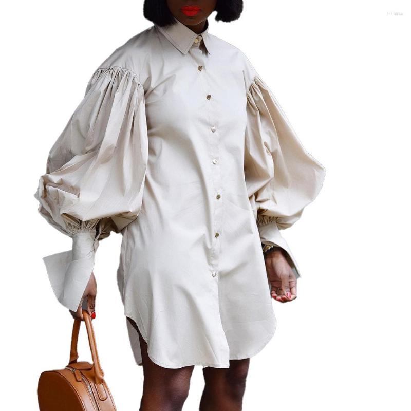

Casual Dresses Women 2022 Red Black Lapel Puff Sleeve Shirt Dress Sexy Club Party Mini Spring Summer Long Shirts -3XL Clothes Vestidos