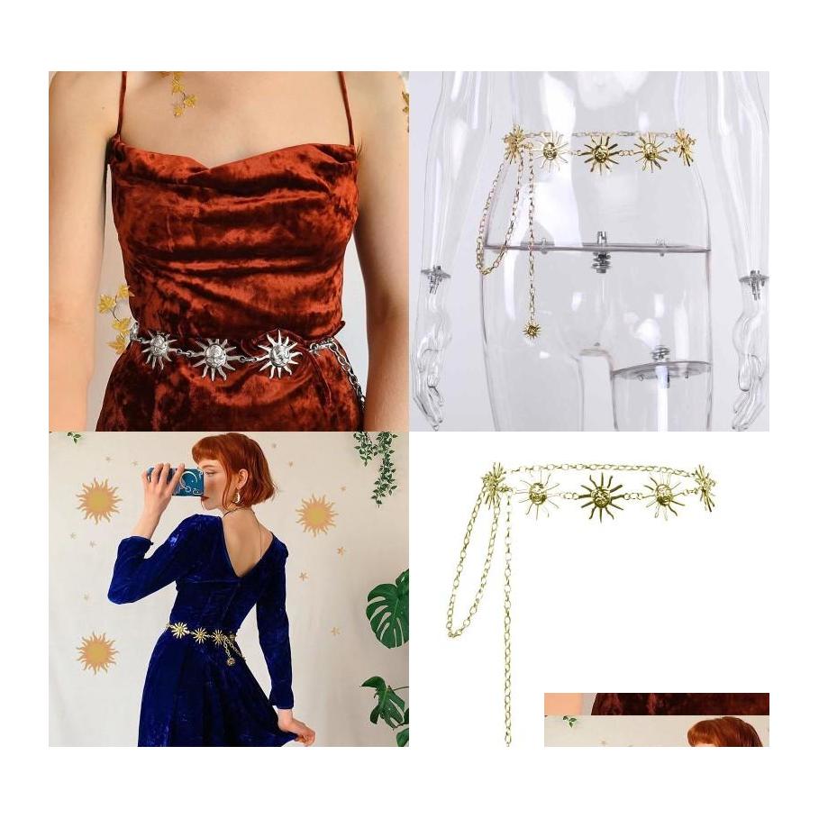 

Belts Gothic Gold Chain Belt Sun Metal Ladies Waist For Women Long Waistband Dress Citos Punk Ceinture Femme Ketting Riem 265 W2 Dro Otnyb, Black