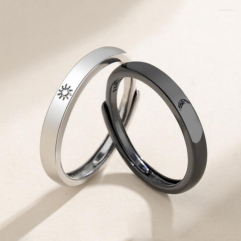 

Wedding Rings Fashion Stainless Steel Couple Ring Silver Plated Sun Moon Adjustable Open Jewelry For Women Men Anniversary Gifts