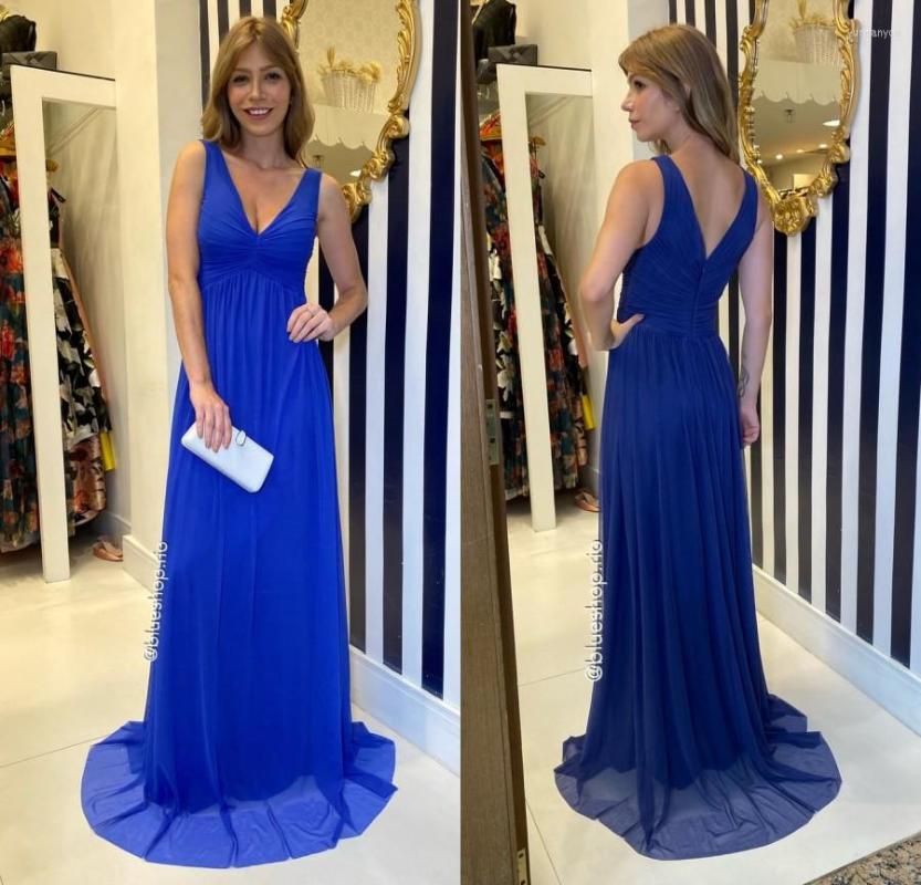 

Party Dresses Customized V-Neck A-Line Royal Blue Chiffon Prom Dress Pleats Long Women Formal Graduation, Black