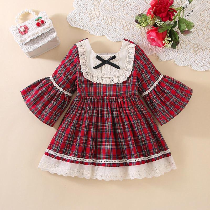 

Girl Dresses Christmas Infant Half Sleeve Dress With Plaid Print Lace Flower Patchwork Bow Decoration Princess Costume, Picture shown