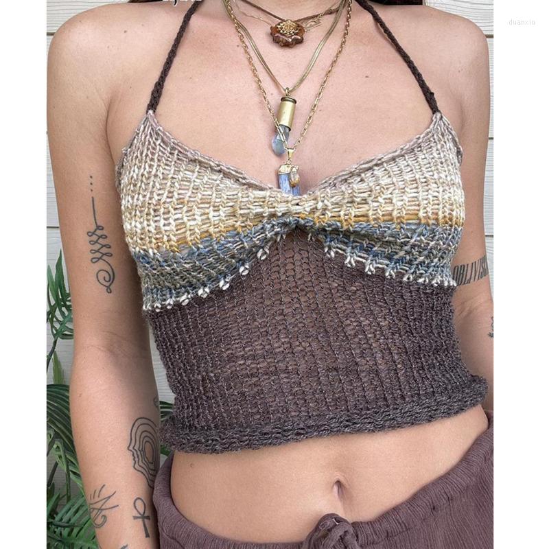 

Women' Tanks AWomen' Y2k Clothes Backless Sexy Vintage Patchwork Knit Camisole Off Shoulder Cute Tops Summer 2022, Auburn