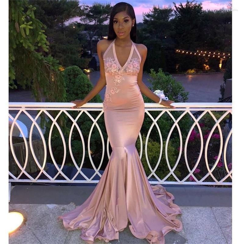 

Party Dresses Flower Pink Long Mermaid Prom Halter Neck Sleeve Floor Length Simple Formal Evening Dress Gowns, Ivory