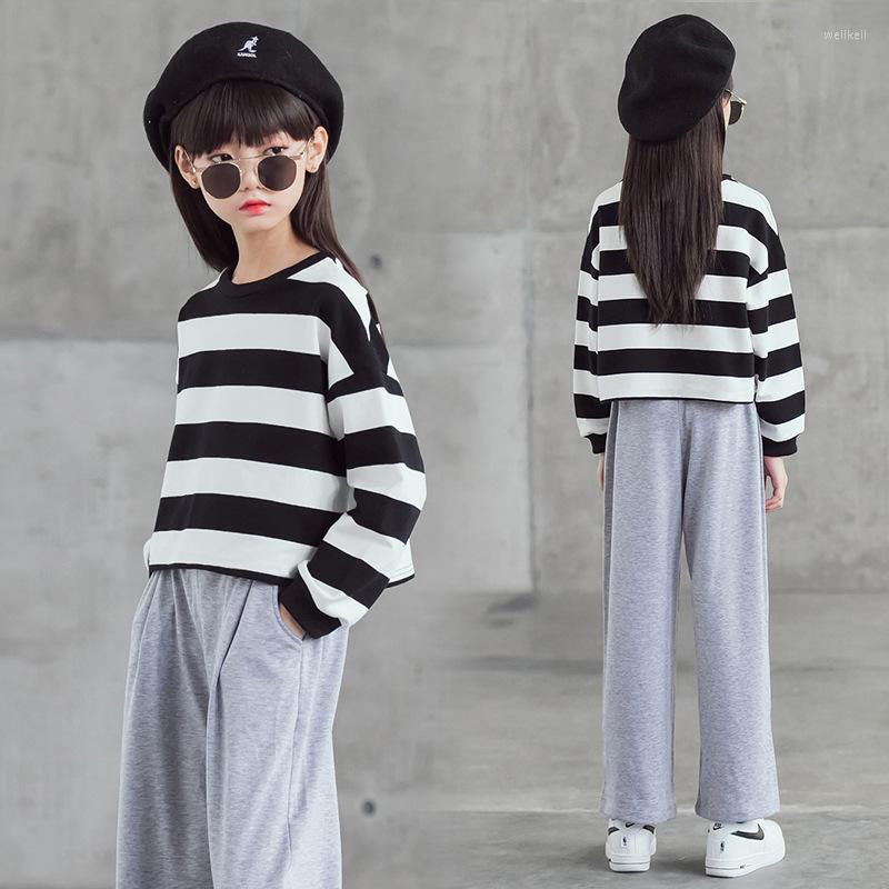 

Clothing Sets Girls Autumn Casual Clothes Set 2022 Long Sleeve Stripe Shirt Top And Pants Korean Teen Cotton Two-Piece #9109