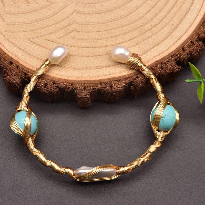 

Bangle Handmade Real Natural Baroque Pearls Cuff Bangles For Women Girls Party Wedding Minimalist Jewelry Blue Stone Bracelet Femme