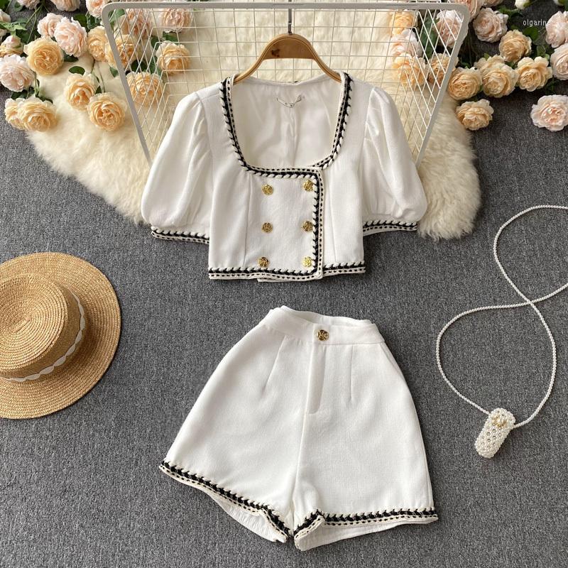 

Women' Tracksuits Black White Suit Shorts With Blouse Shirt For Women And Puff Sleeve Top Summer 2 Two Piece Set Classic Tracksuit Casual, Black set