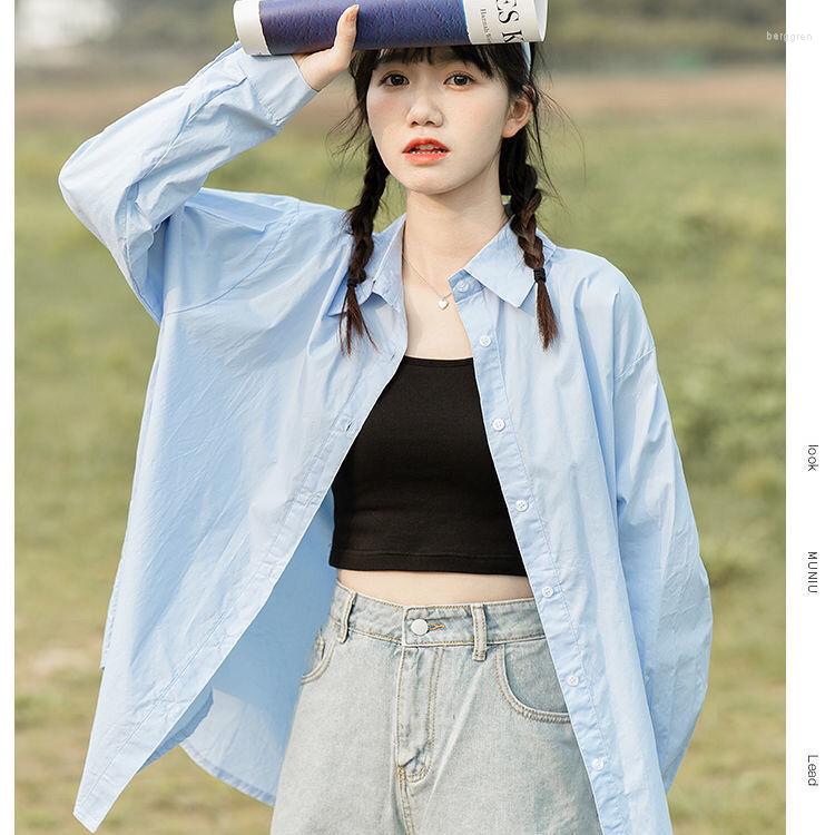 

Women' Blouses 2022 Spring Summer Women' Loose Long Sleeve Shirts Female Solid Color Sunscreen Ladies Buttons Casual Q129, Blue