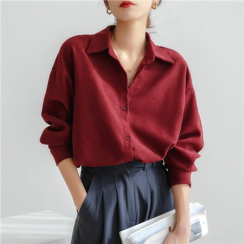 

Women' Blouses Autumn Winter Loose Corduroy Button Down Shirt Women Vintage Lapel Long Sleeve White Business Blouse Woman Office Work Top