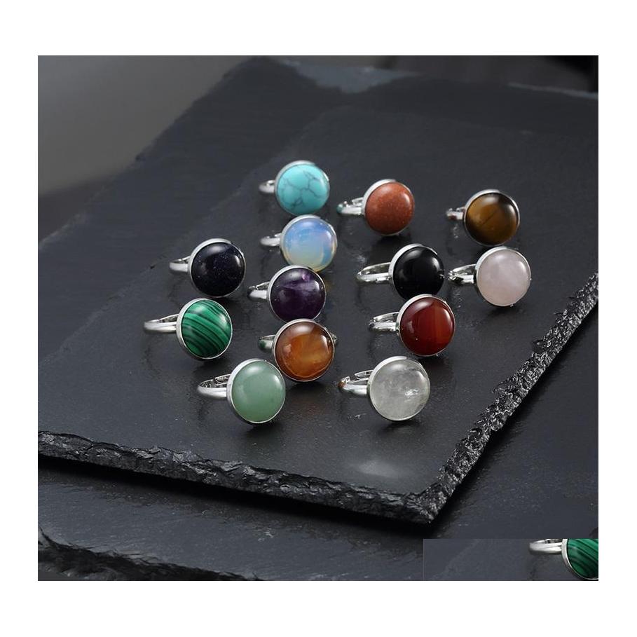 

Cluster Rings 12Mm Stainless Steel Round Natural Stone Ring Tiger Eye Opal Pink Crystal Adjustable For Women Pendientes Jewelry C3 D Otfj0