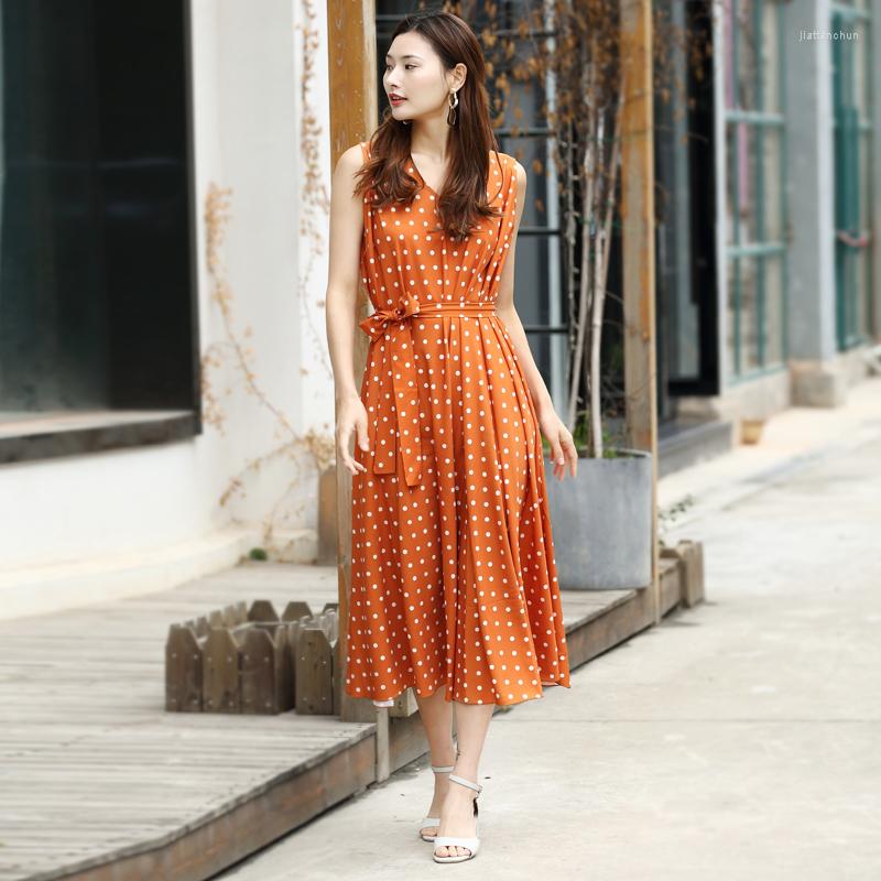 

Casual Dresses Bohemian Style Women Dress Sexy Vintage Maxi Polka Dot V-Neck Elegant Evening Party High Waist, Orange