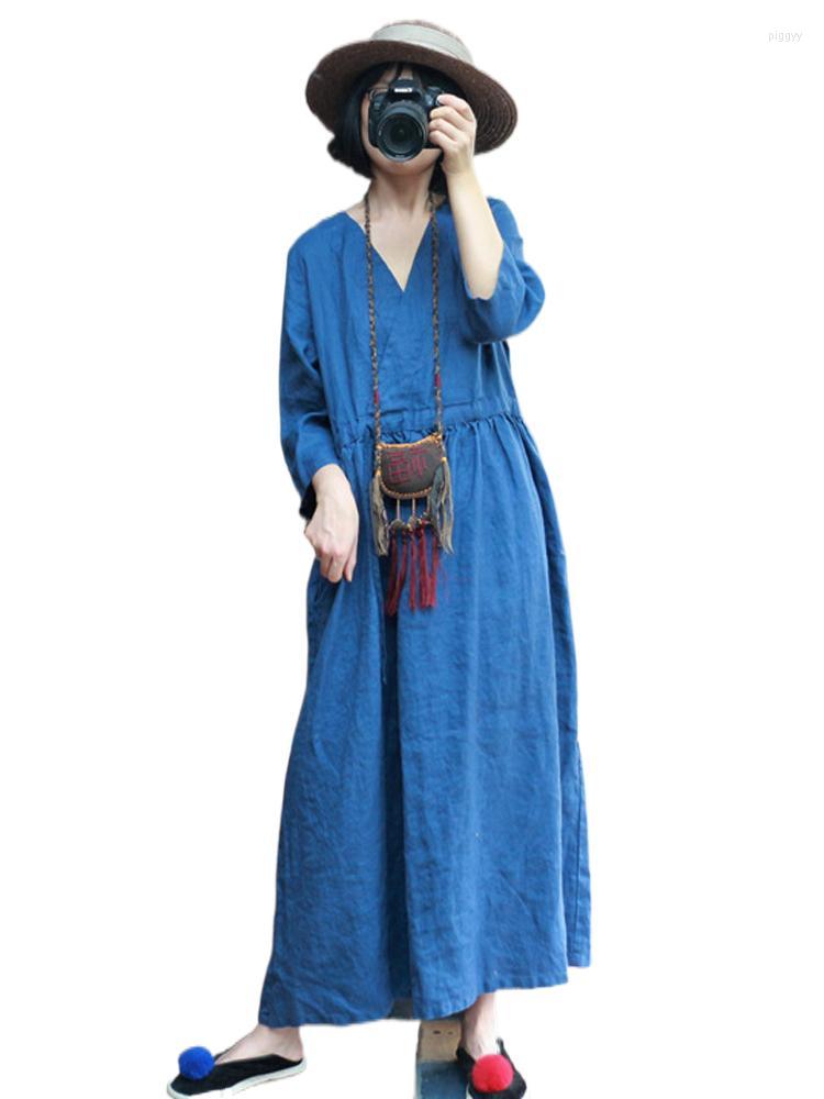 

Casual Dresses QPFJQD Female 2023 Women Spring Autumn Seven Sleeve Retro Loose Chinese Style Original Blue V-Neck Linen Robes Vintage