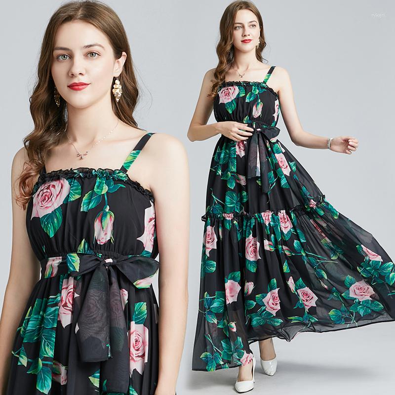 

Casual Dresses Women Summer Fashion High Waist Floor Length Rose Flower Print Maxi Long Dress Vestidos, Black