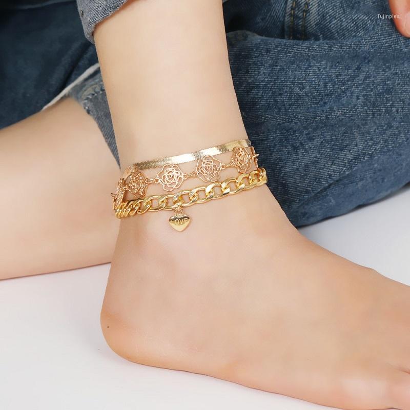 

Anklets Boho Gold Color Flower Anklet For Women Bohemia Barefoot Leg Chain Heart Bracelet Jewelry Beach Accessories