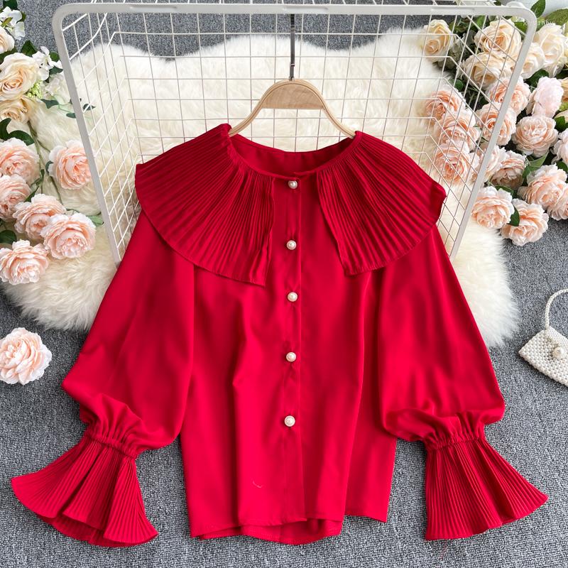 

Women's Blouses 2022 Spring Summer Fashion Temperament Blouse Female Fold Doll Collar Puff Sleeve Blusa Loose Large Size Shirt 094, White