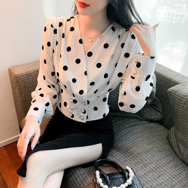 

Women' Blouses #7256 Spring Autumn Polkad Dot Printed Chiffon Blouse Femme Lantern Sleeve Slim Short Female Sexy V-neck Office, White