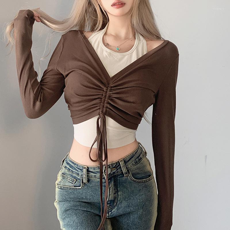 

Women' T Shirts Women Irregularity Halter T-shirts Casual Harajuku Patchwork Crop Tops Tees Y2K Clothes Female Autumn Long Sleeve Short, Auburn
