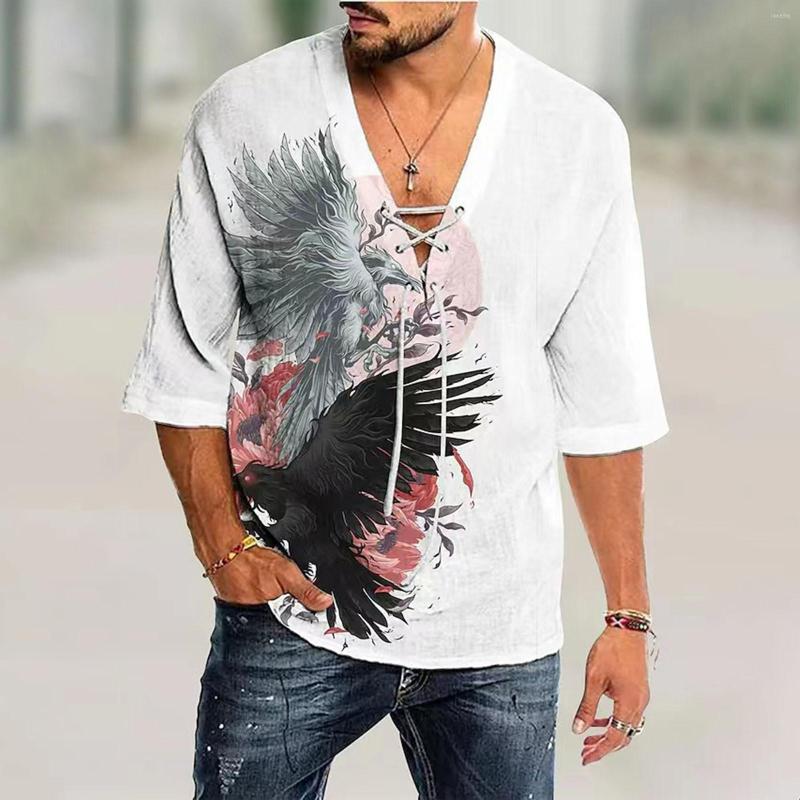 

Men' Casual Shirts Summer Men' Half Sleeve Cotton Linen V-Neck Print Loose Lace-Up Beach Holiday Pullover Tops Blouse Plus Size#g3